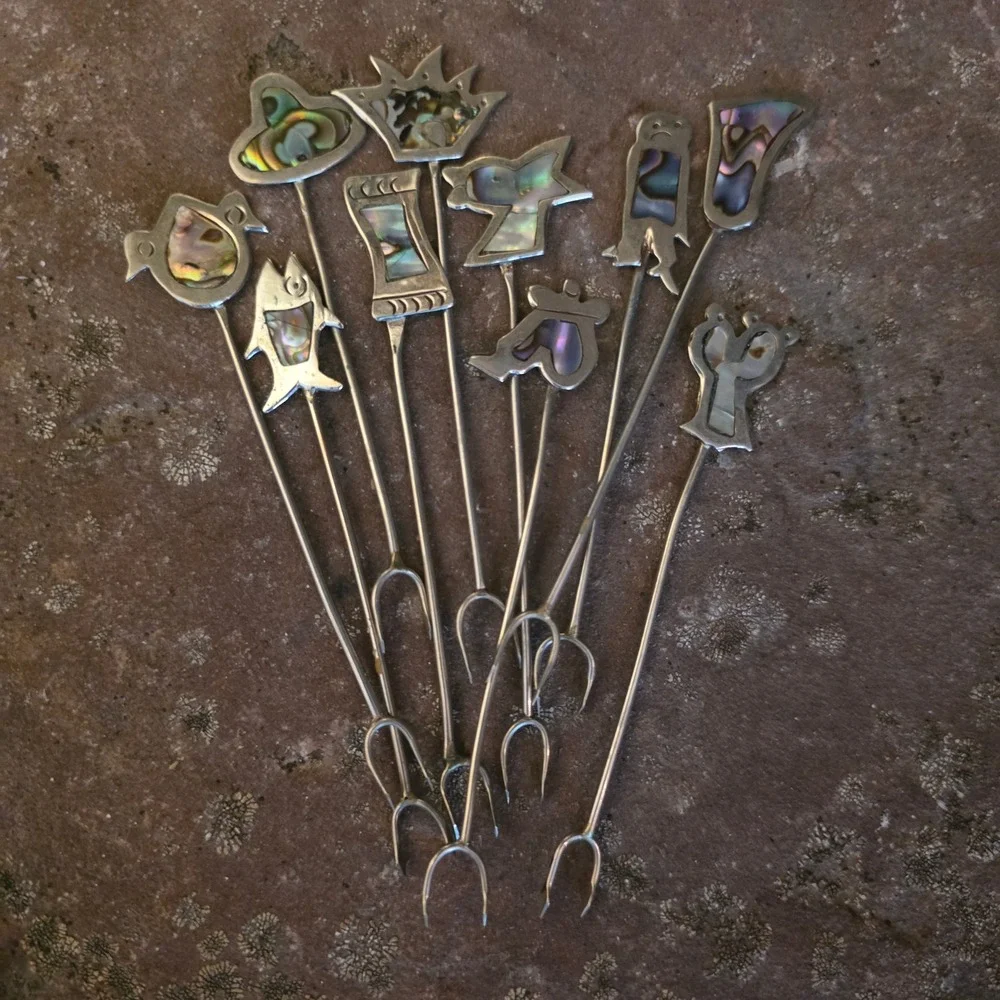 Vintage Alpaca Silver Abalone Inlay Cocktail Forks Set Mexican Cactus Bird Fish